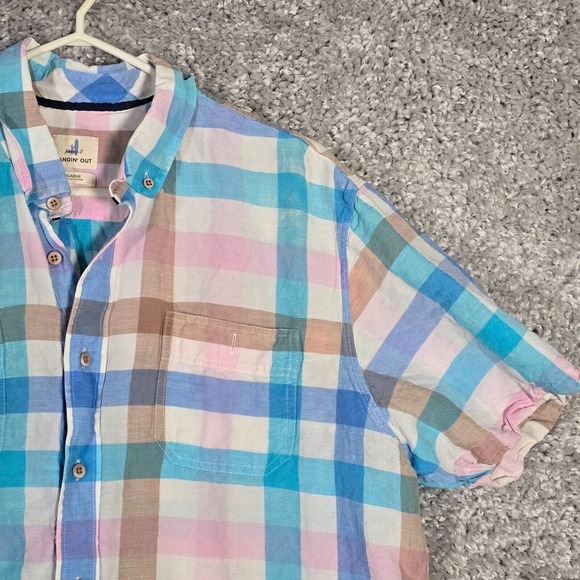 Johnnie-O Men Linen Blend Gingham Shirt Size‎ XL Short Sleeve Coastal Casual - Picture 3 of 13